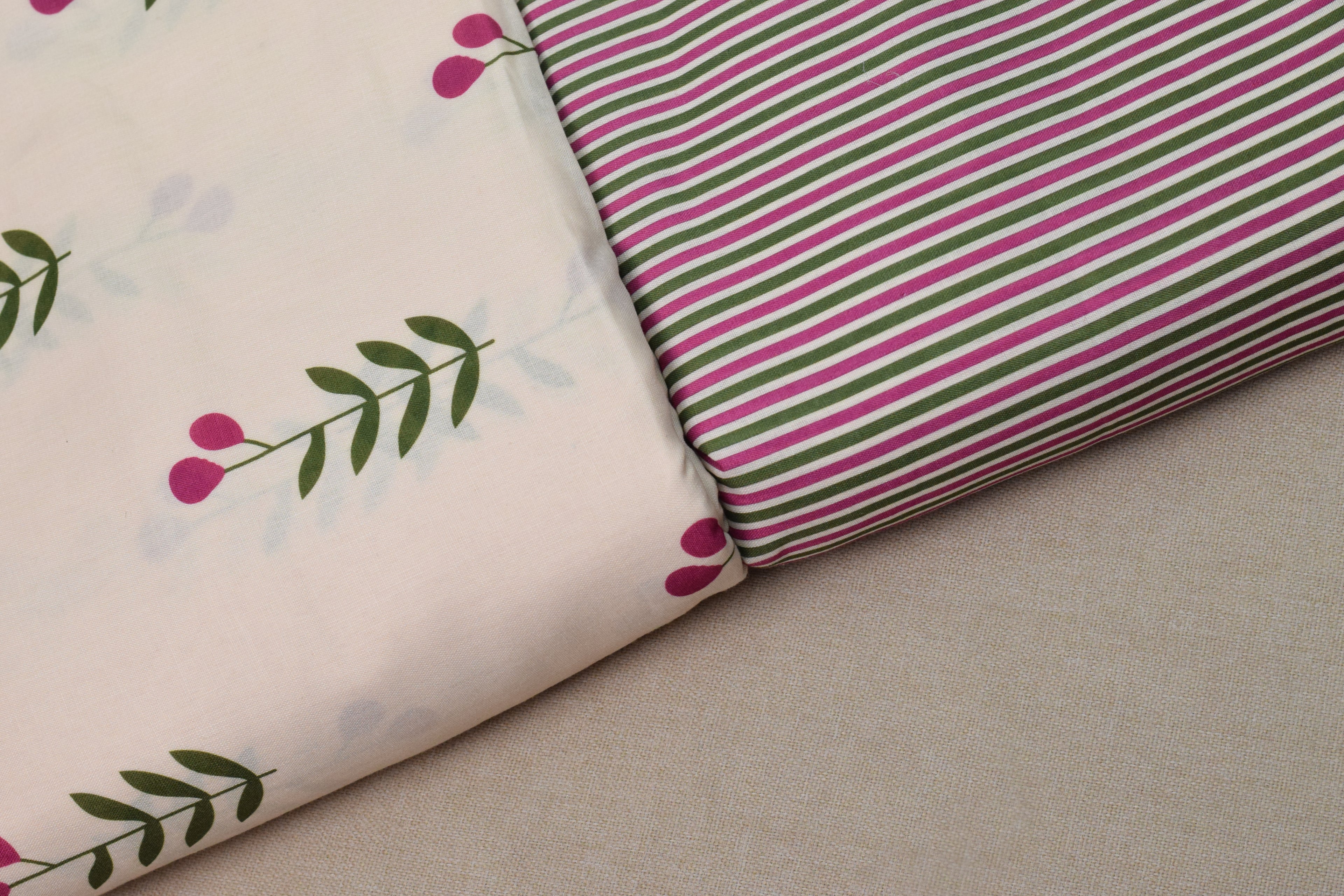Semi Linen Dress Material Set – White Floral Printed Top with Pink & Green Striped Bottom | 44" Width | Top 2.5m & Bottom 2m
