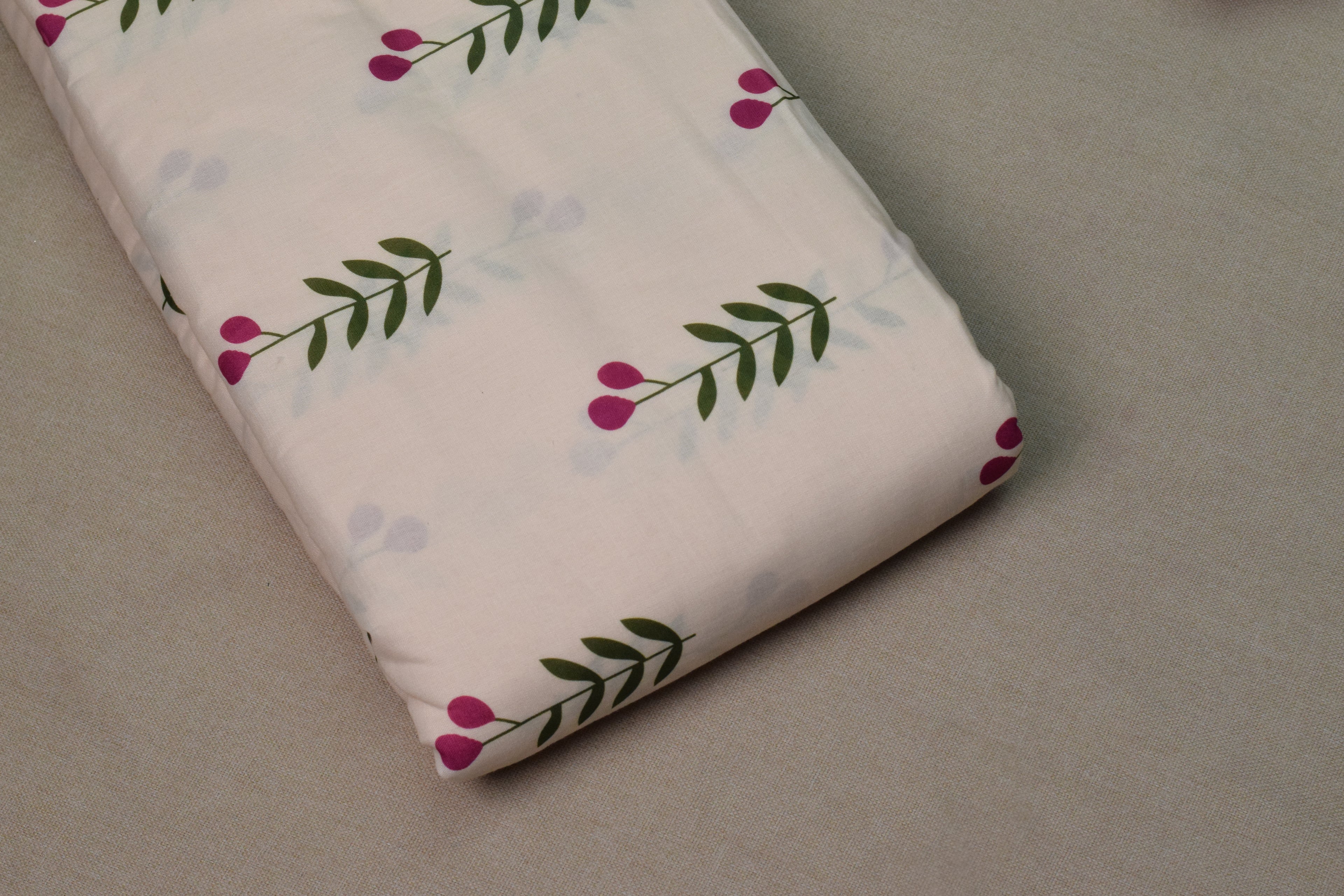 Semi Linen Dress Material Set – White Floral Printed Top with Pink & Green Striped Bottom | 44" Width | Top 2.5m & Bottom 2m