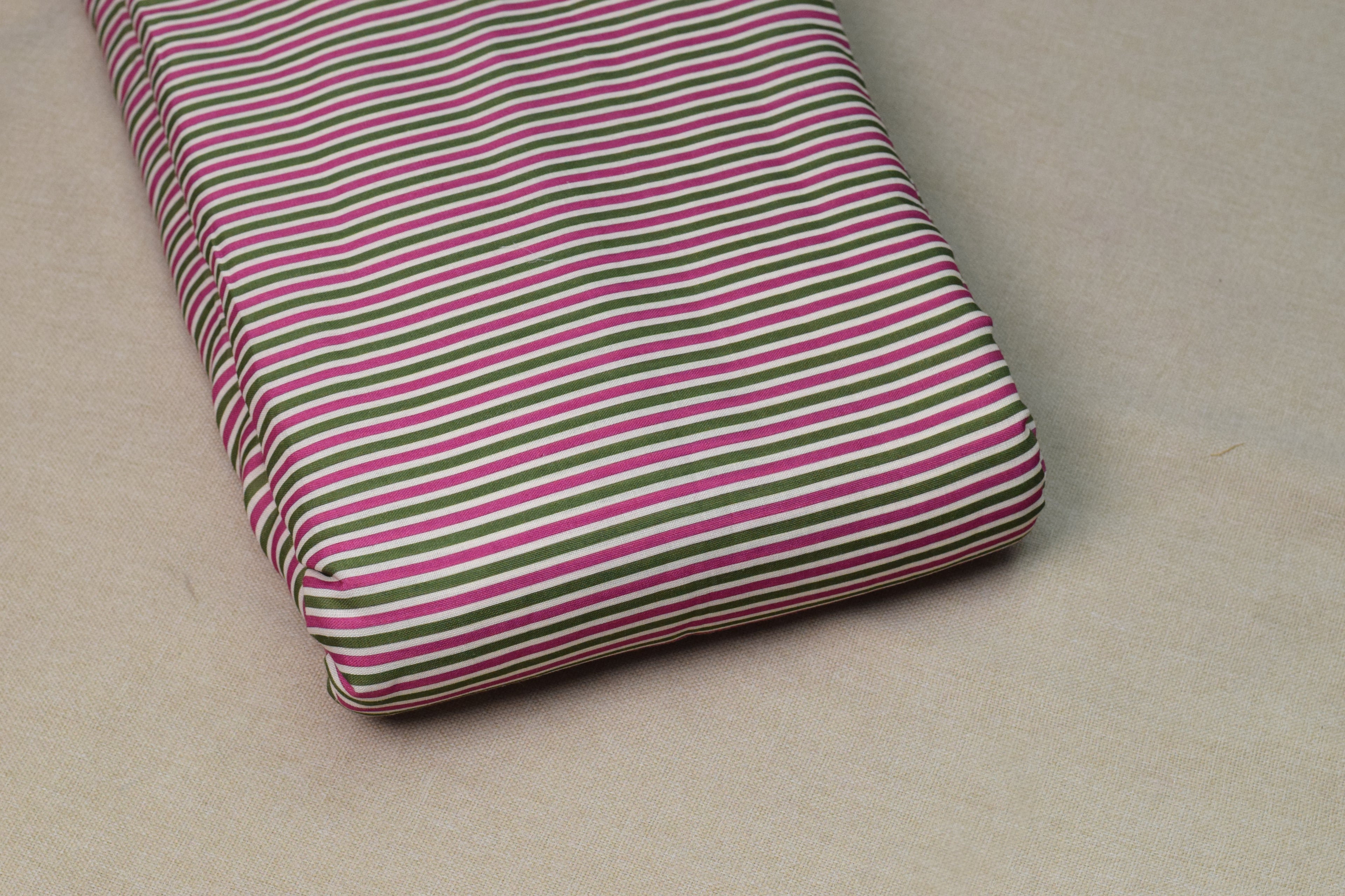 Semi Linen Dress Material Set – White Floral Printed Top with Pink & Green Striped Bottom | 44" Width | Top 2.5m & Bottom 2m
