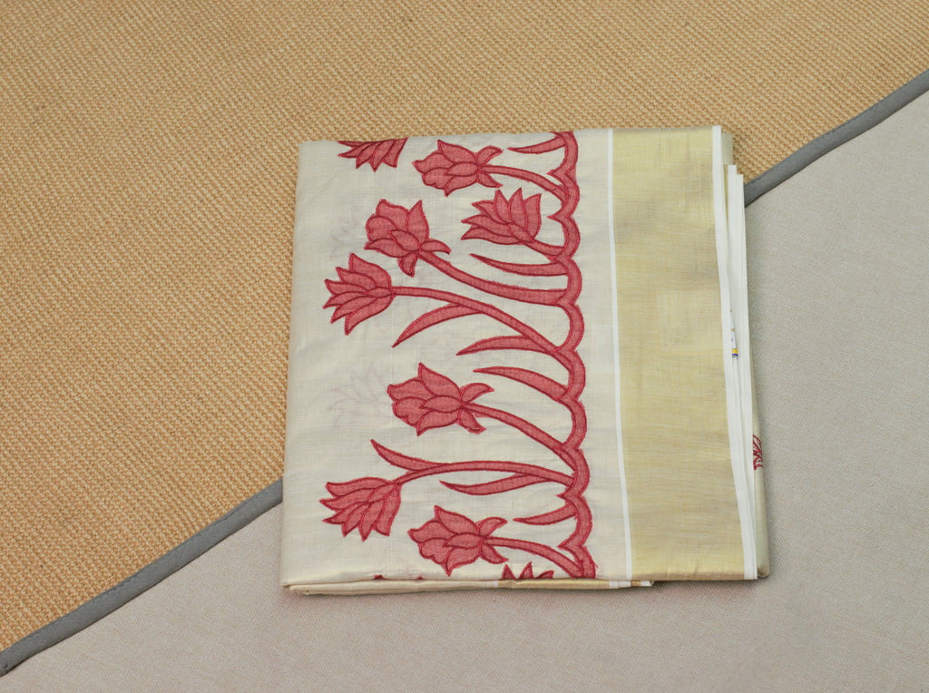 Kerala Tissue Saree with Golden Border & Floral Embroidery | Includes Matching Blouse Piece