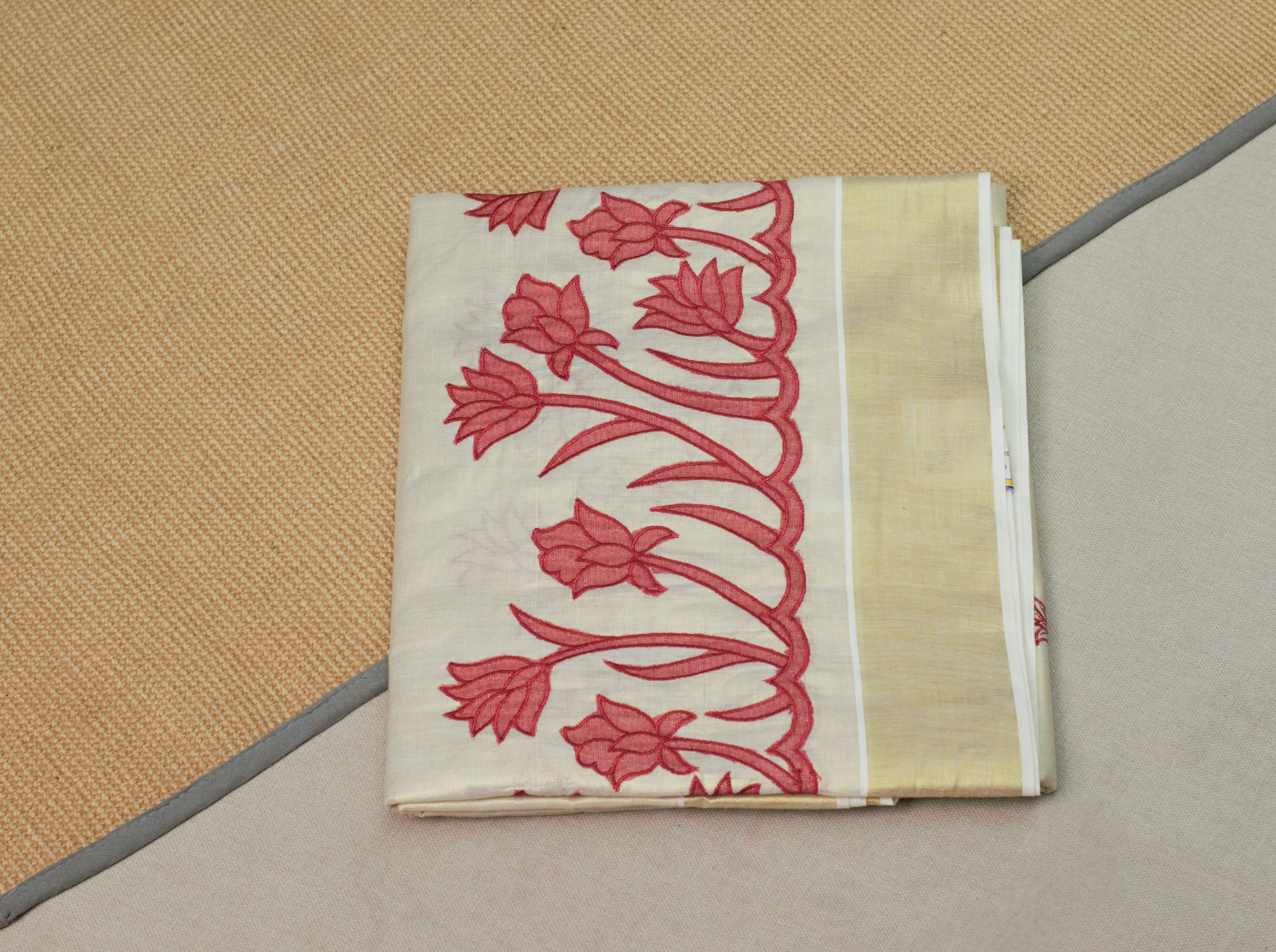 Kerala Tissue Saree with Golden Border & Floral Embroidery | Includes Matching Blouse Piece