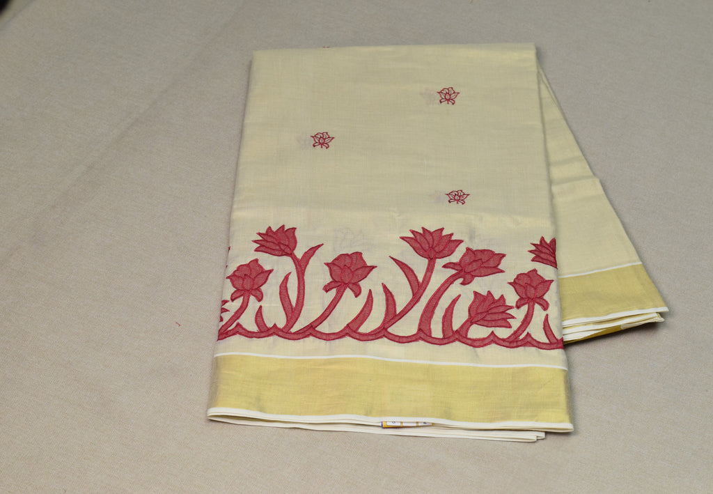 Kerala Tissue Saree with Golden Border & Floral Embroidery | Includes Matching Blouse Piece