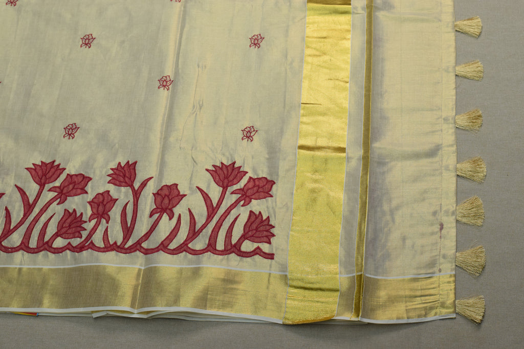 Kerala Tissue Saree with Golden Border & Floral Embroidery | Includes Matching Blouse Piece
