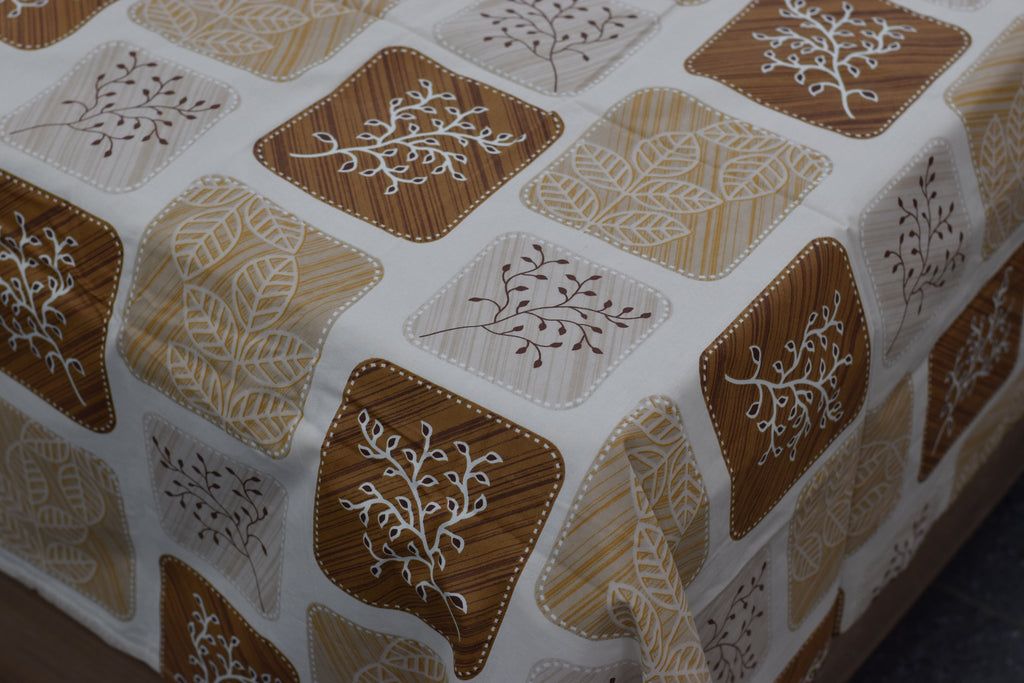 Queen Size Premium Cotton Bedsheet with Elegant Brown Leaf Print – 3 Piece Set