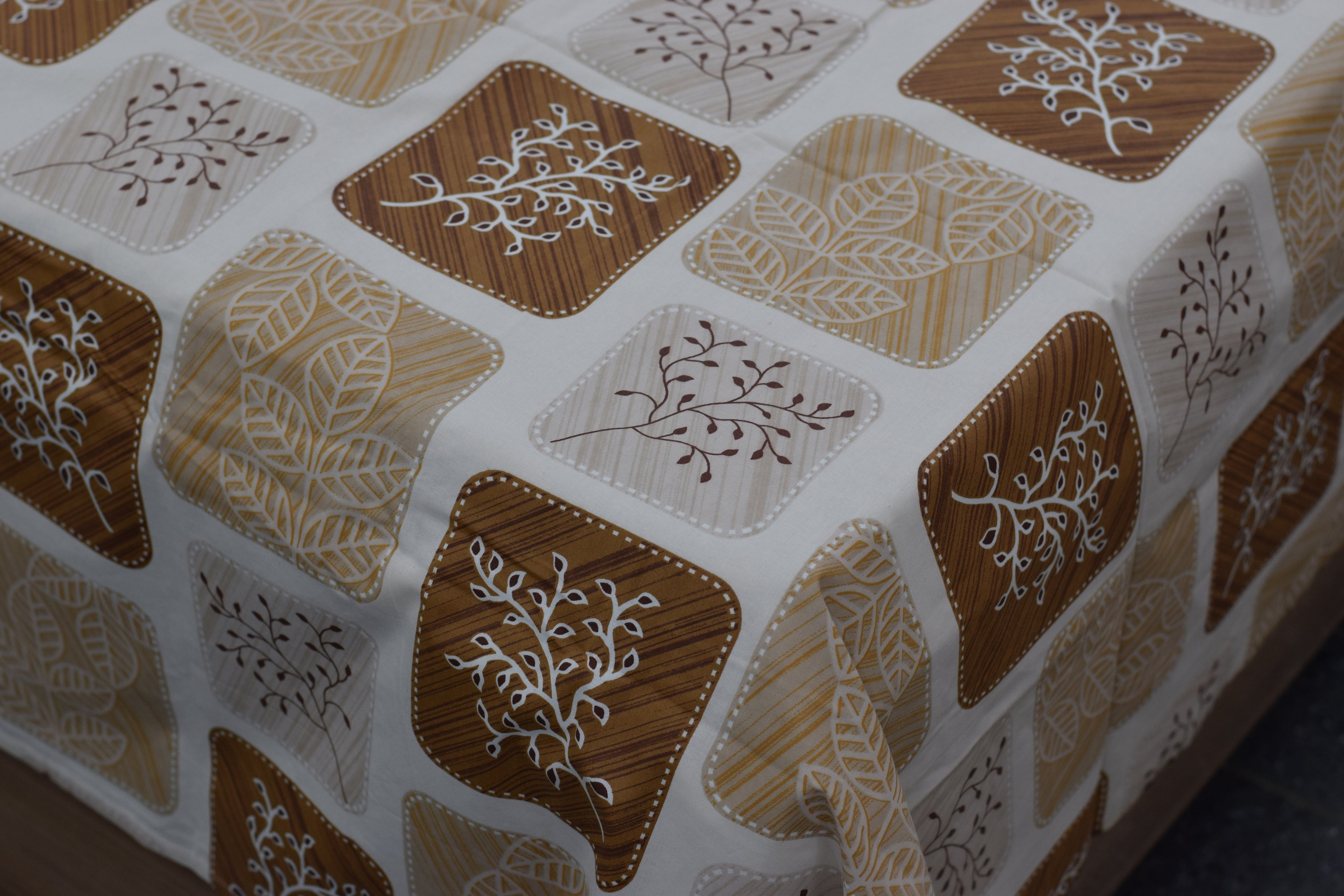 Queen Size Premium Cotton Bedsheet with Elegant Brown Leaf Print – 3 Piece Set