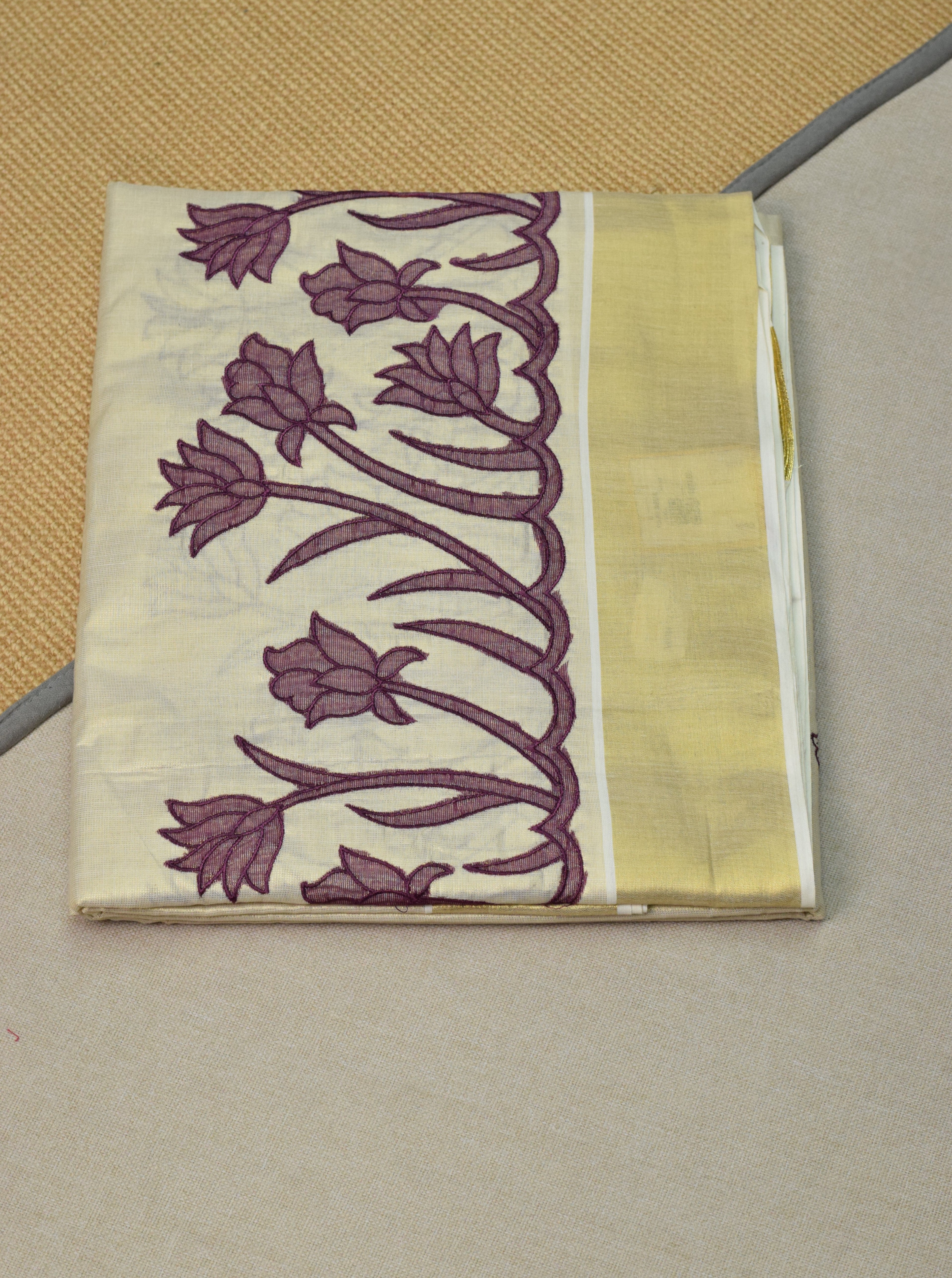 Kerala Tissue Saree with Lotus Embroidery Border &a Matching Blouse Piece