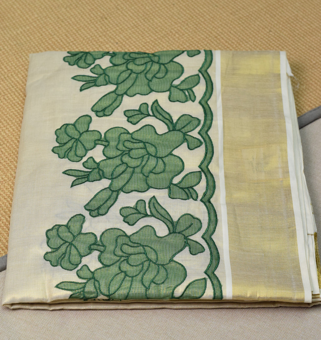 Kerala Tissue Saree with Green Floral Border & Traditional Golden Kasavu