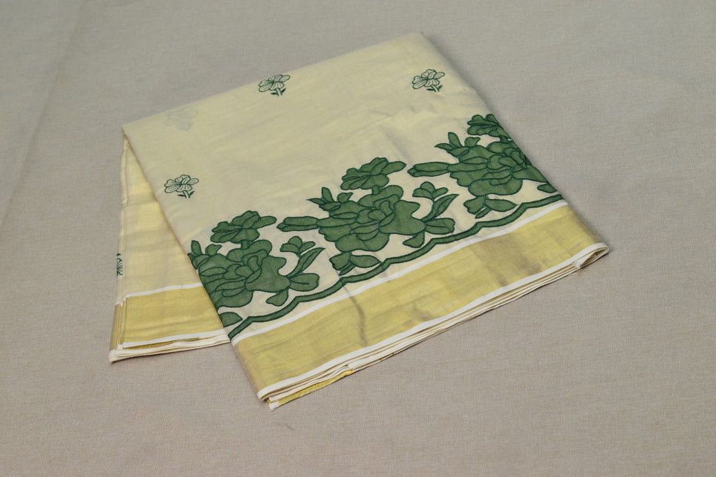Kerala Tissue Saree with Green Floral Border & Traditional Golden Kasavu