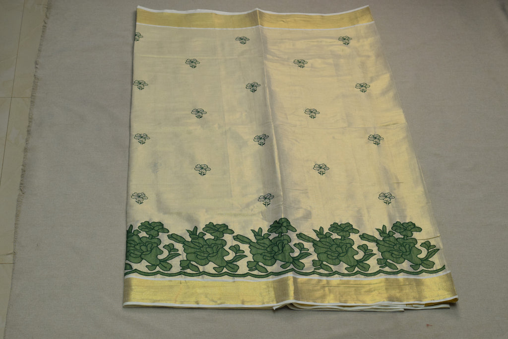 Kerala Tissue Saree with Green Floral Border & Traditional Golden Kasavu
