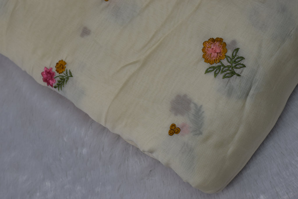 Premium Mul Chanderi Fabric with Floral Embroidery – 44 Inches Width |Lightweight Dress Material