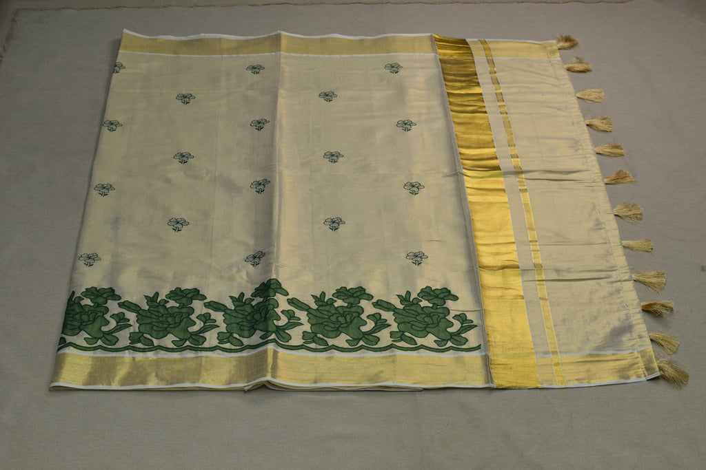 Kerala Tissue Saree with Green Floral Border & Traditional Golden Kasavu