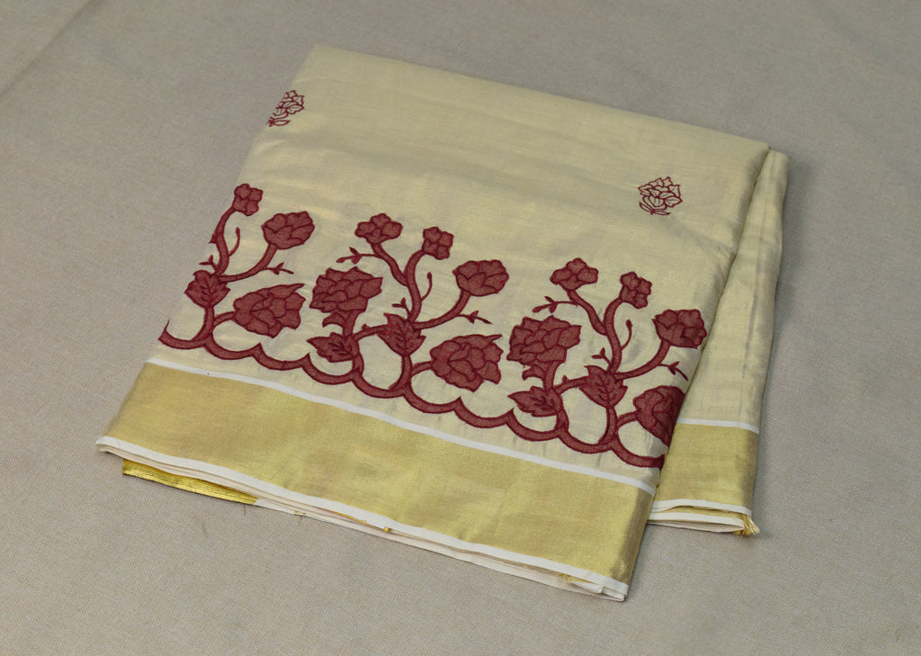 Kerala Tissue Saree with Maroon Floral Embroidery & Golden Kasavu Border