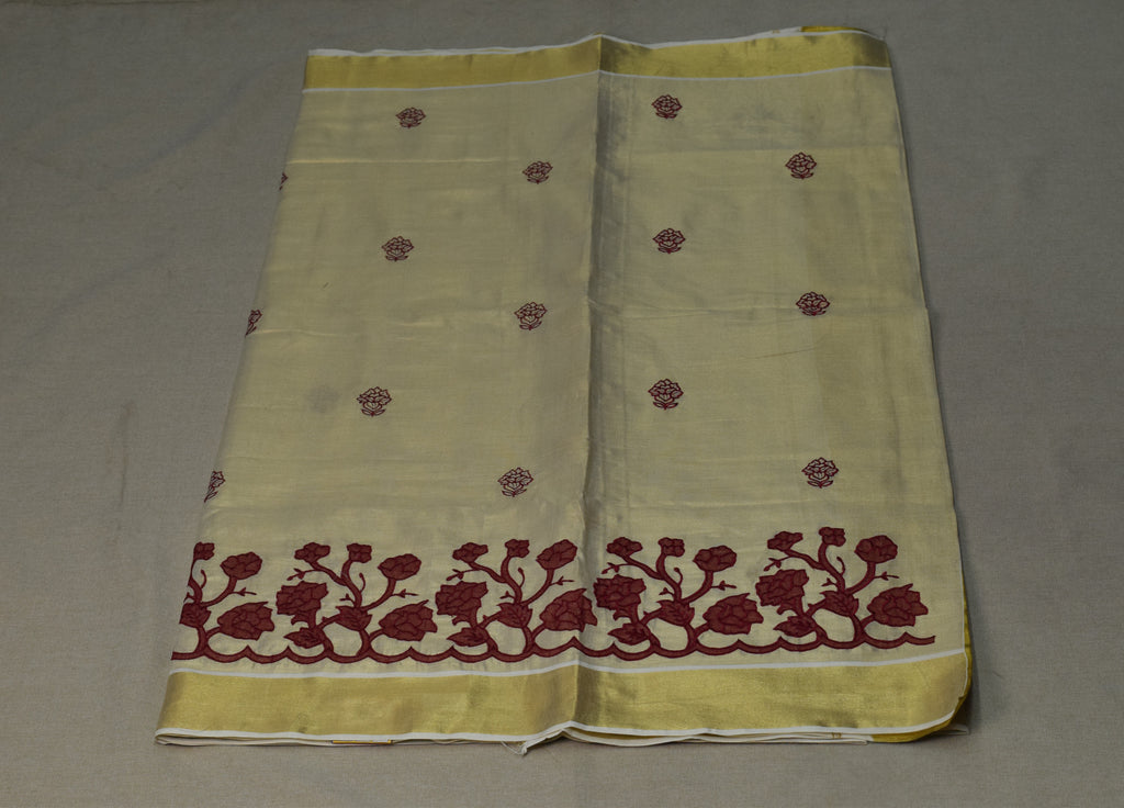 Kerala Tissue Saree with Maroon Floral Embroidery & Golden Kasavu Border