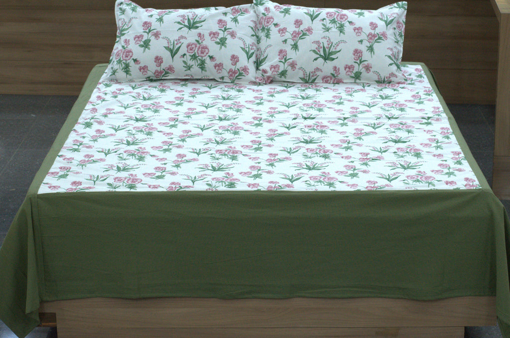 Queen Size Cotton Floral Bedspread with 2 Pillow Covers – White, Pink & Olive Green