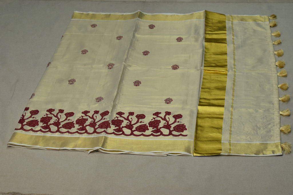 Kerala Tissue Saree with Maroon Floral Embroidery & Golden Kasavu Border