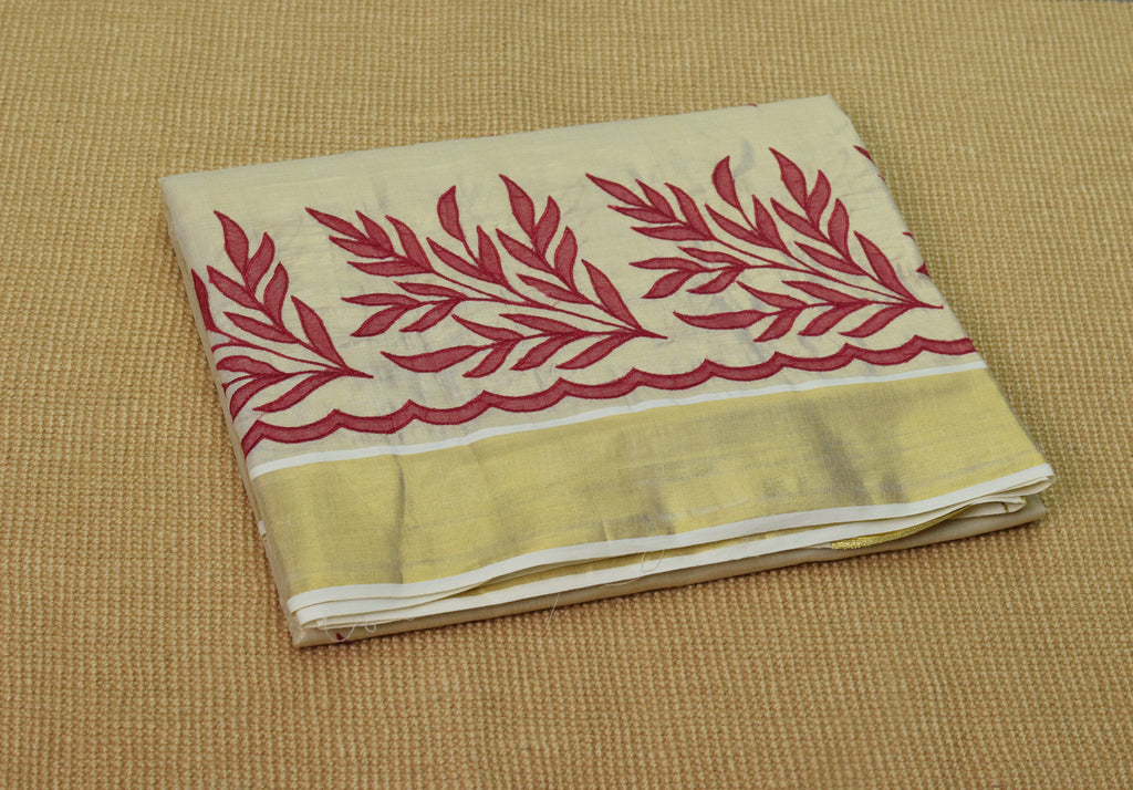 Kerala Tissue Saree with Maroon Floral Embroidery & Golden Border