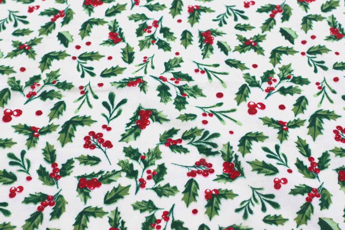 King Size Cotton Bedspread – Christmas Holly & Floral Print with Red Border | 100 × 110 Inches