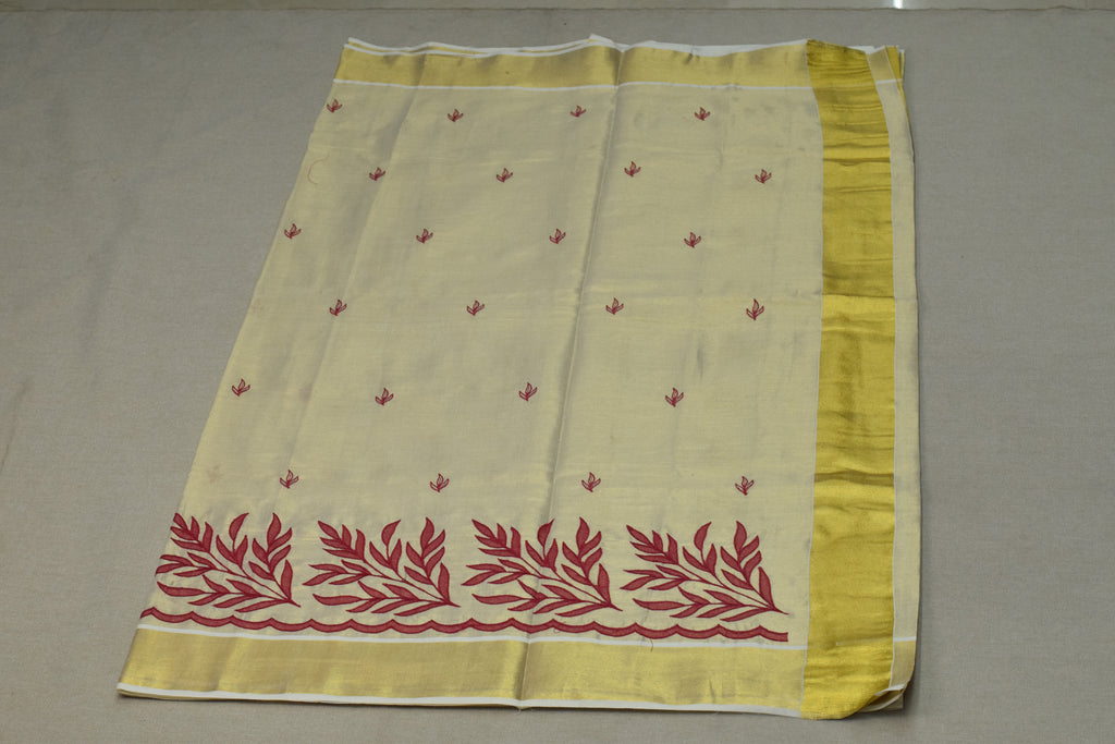 Kerala Tissue Saree with Maroon Floral Embroidery & Golden Border