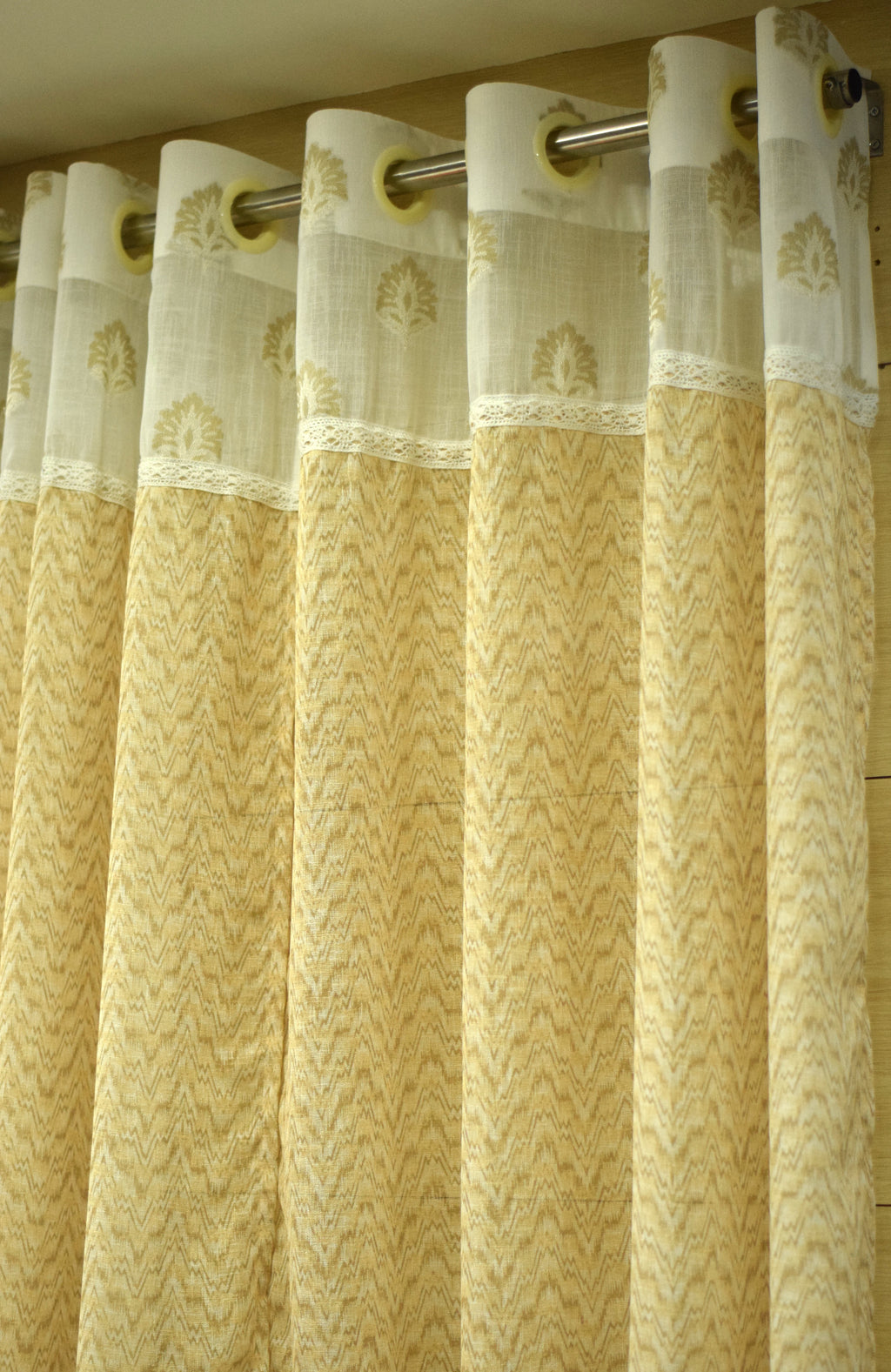 Elegant Beige Semi Linen Door Curtain 4 x 7 Ft with Sheer Lace Panel & Eyelet Top