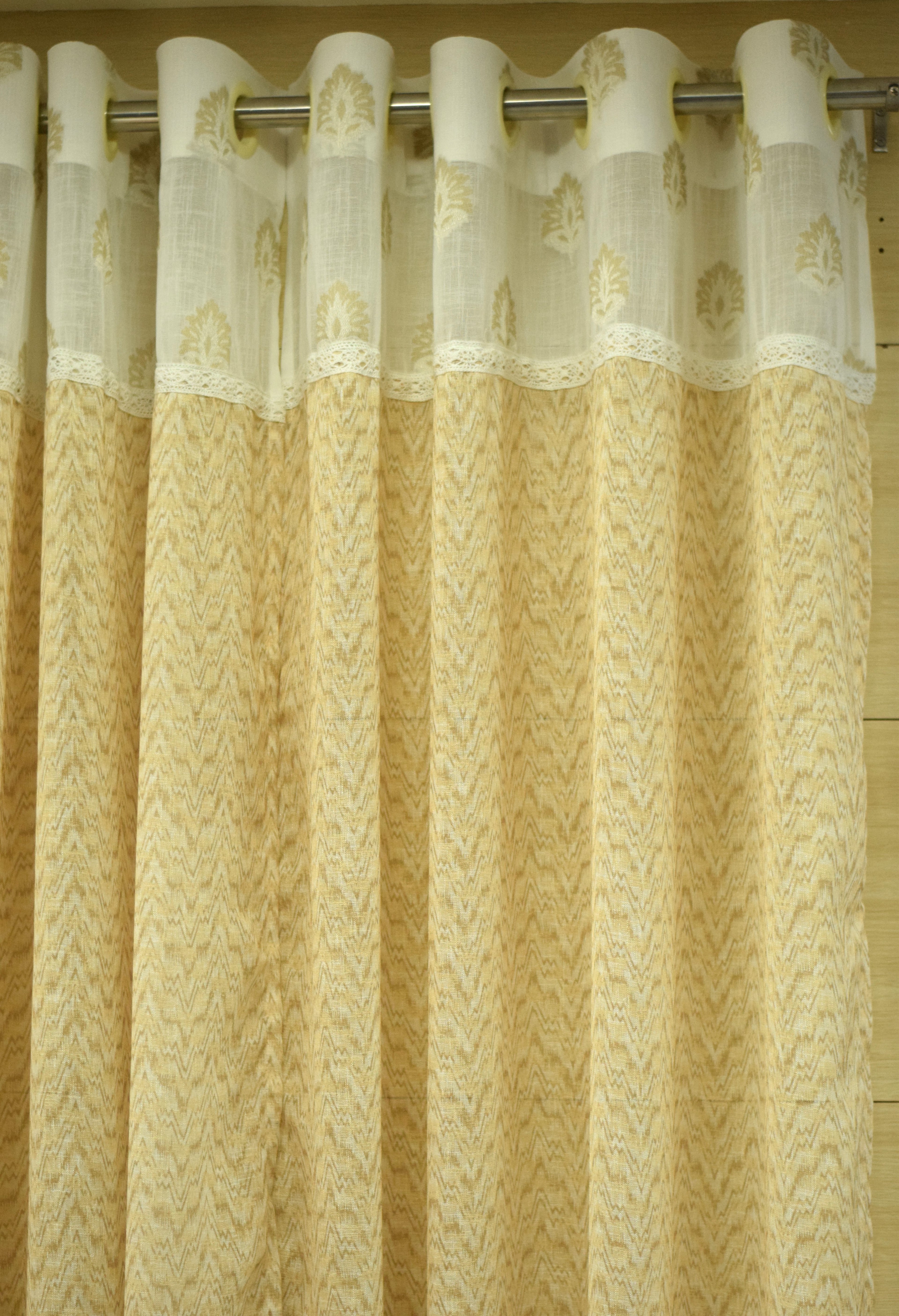 Elegant Beige Semi Linen Door Curtain 4 x 7 Ft with Sheer Lace Panel & Eyelet Top