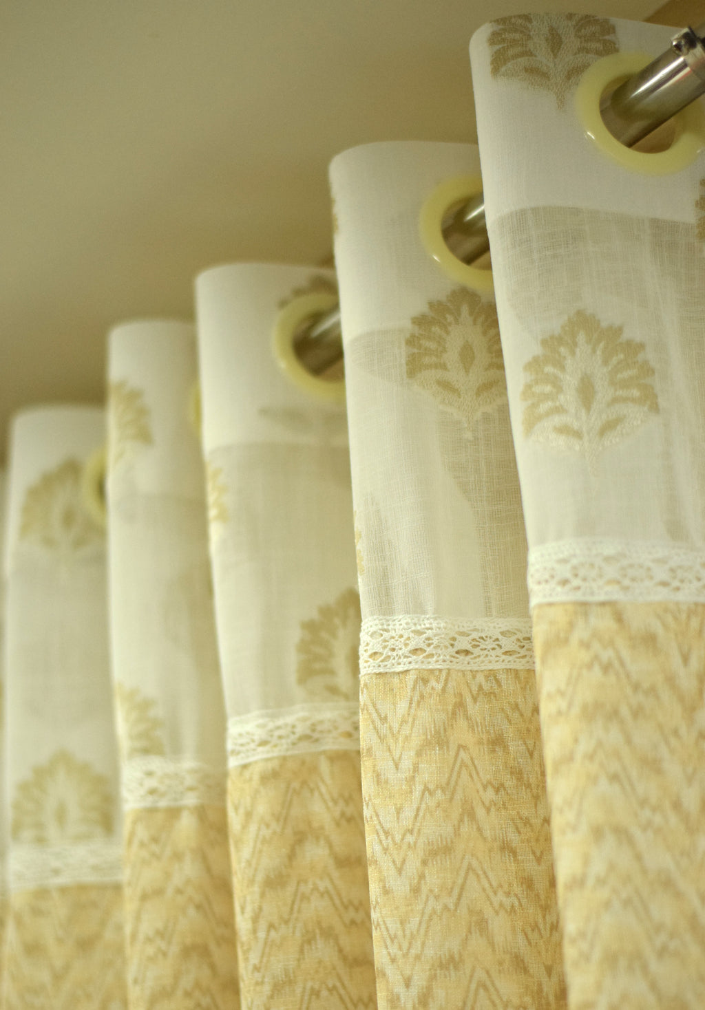 Elegant Beige Semi Linen Door Curtain 4 x 7 Ft with Sheer Lace Panel & Eyelet Top
