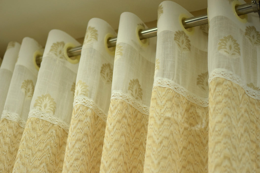 Elegant Beige Semi Linen Door Curtain 4 x 7 Ft with Sheer Lace Panel & Eyelet Top