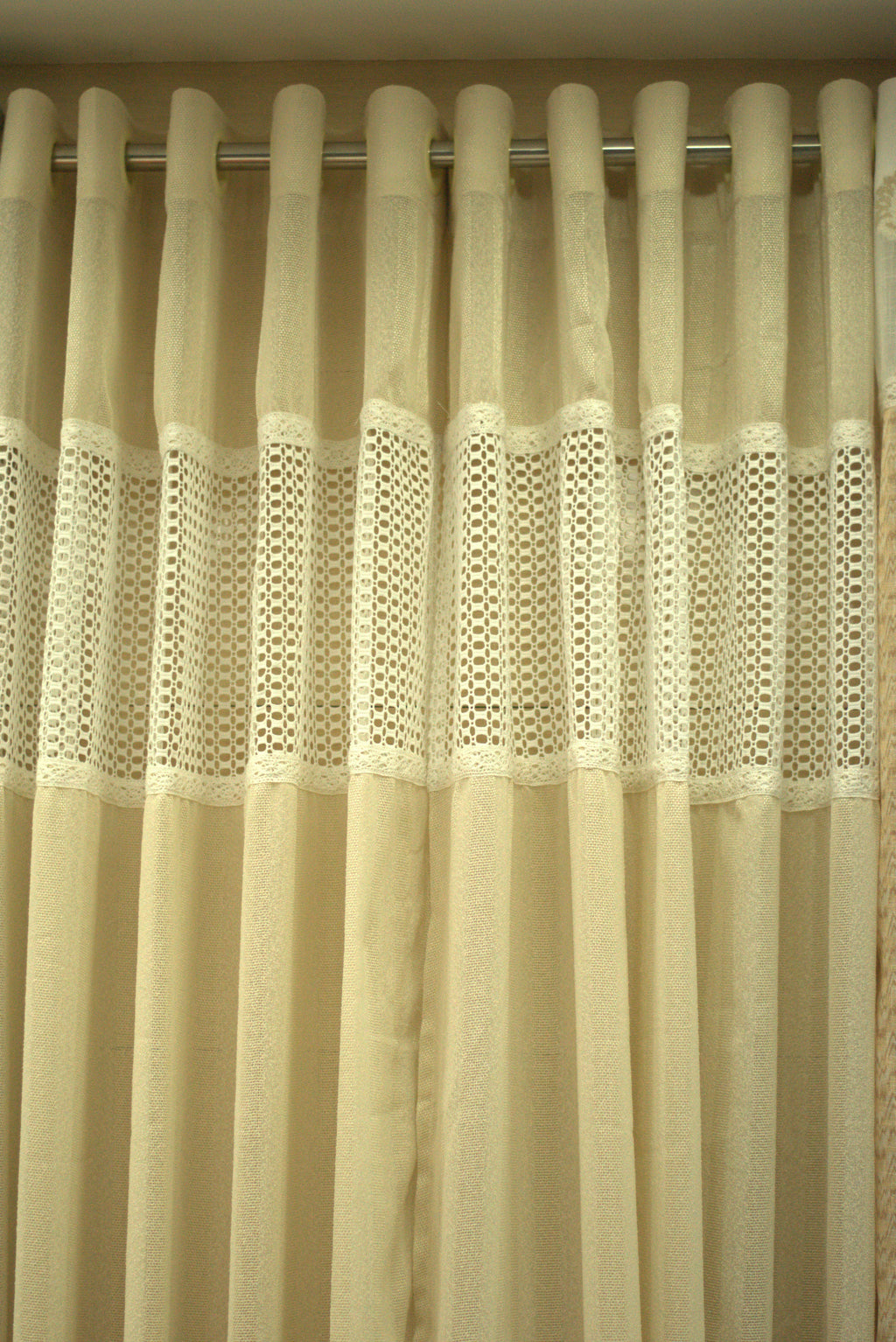 Elegant Beige Semi Linen Door Curtain with Decorative Lace Panel | 4 x 7 Feet