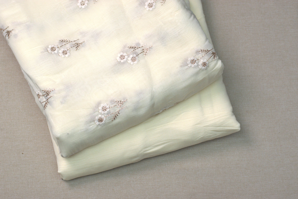 Ivory Floral Embroidered Mull Chanderi Dress Material – 2.5 Meter Top Fabric | 44 Inch Width
