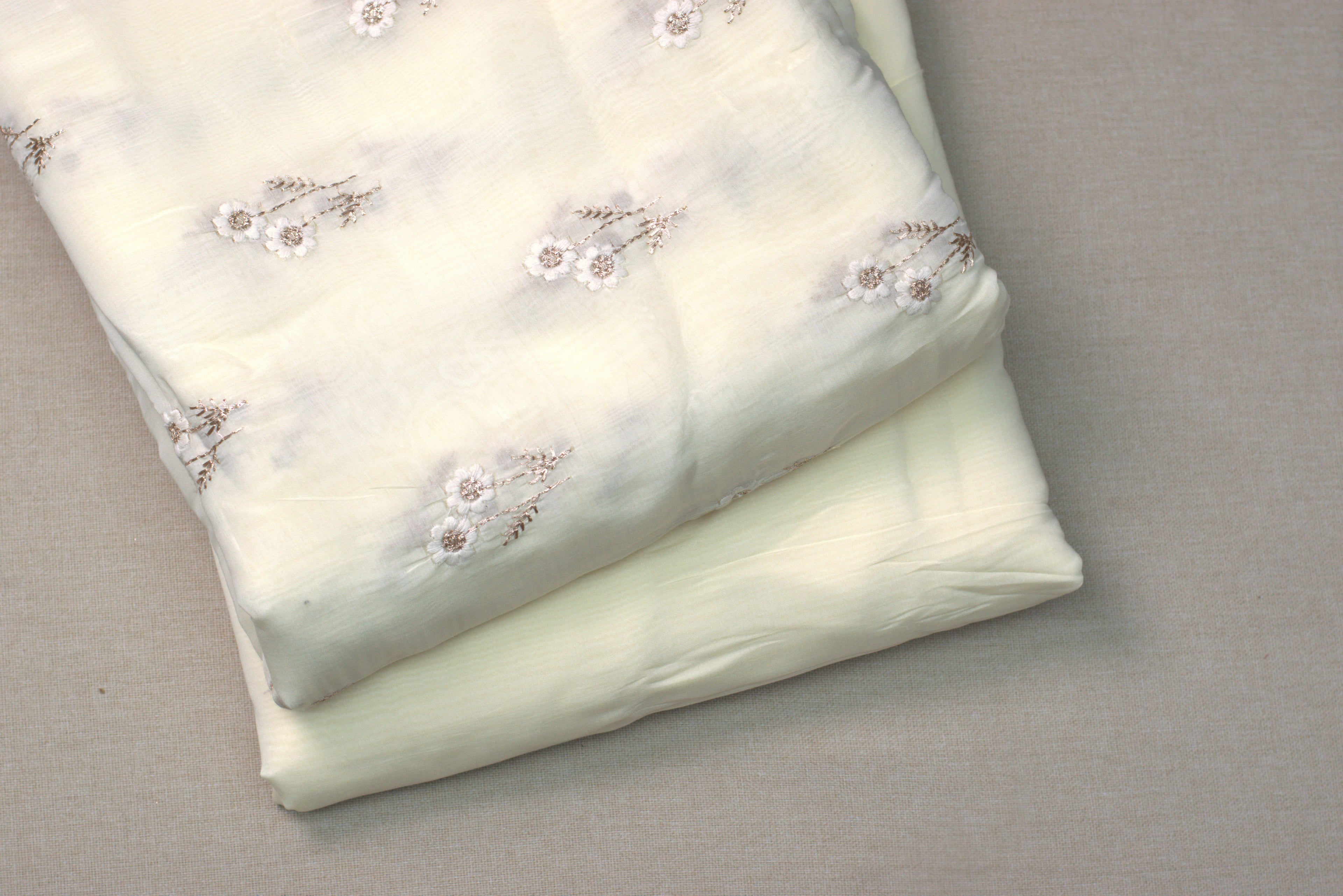Ivory Floral Embroidered Mull Chanderi Dress Material – 2.5 Meter Top Fabric | 44 Inch Width