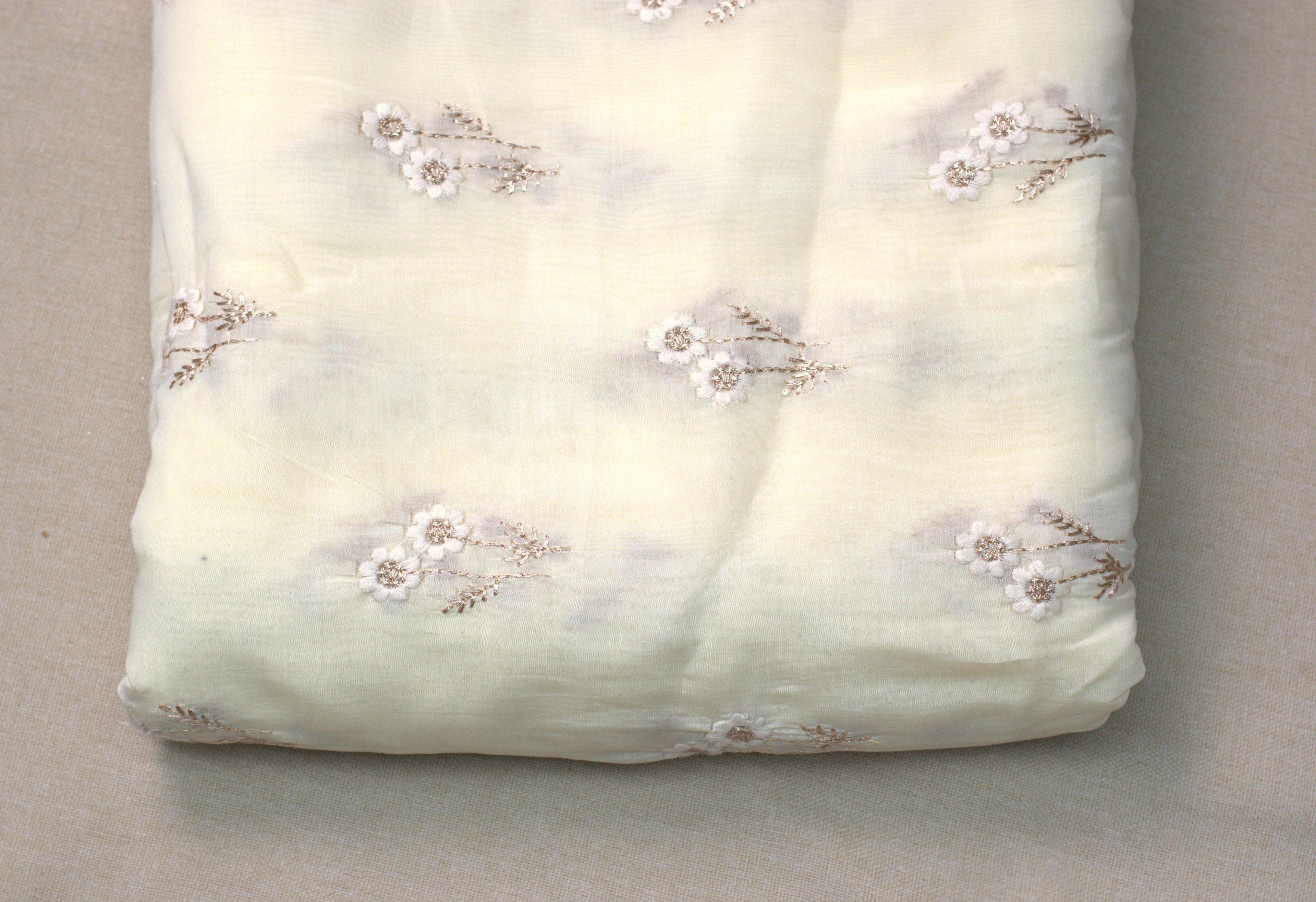 Ivory Floral Embroidered Mull Chanderi Dress Material – 2.5 Meter Top Fabric | 44 Inch Width