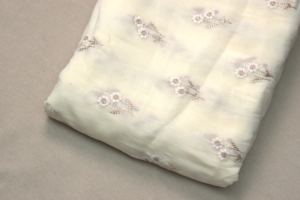 Ivory Floral Embroidered Mull Chanderi Dress Material – 2.5 Meter Top Fabric | 44 Inch Width