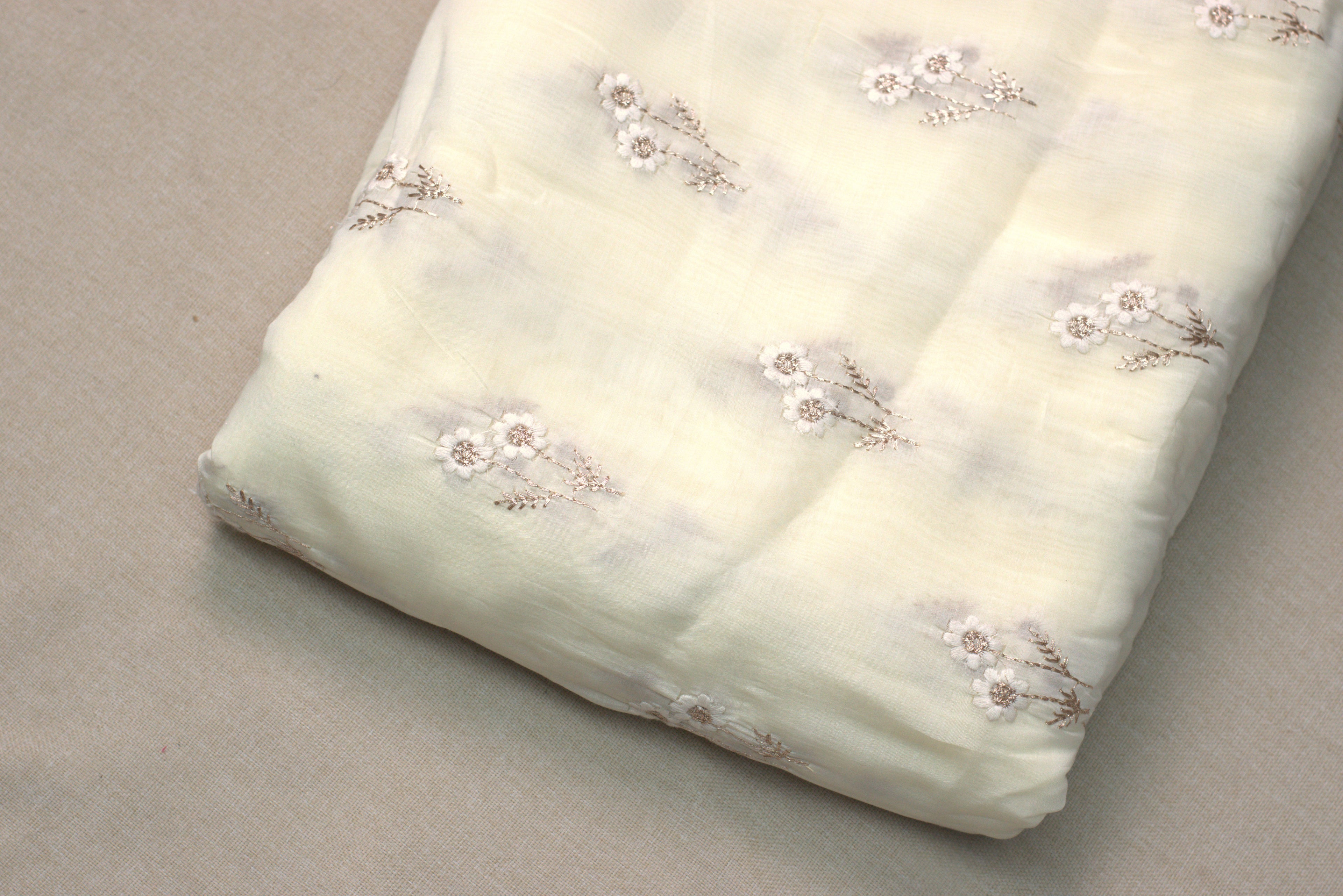 Ivory Floral Embroidered Mull Chanderi Dress Material – 2.5 Meter Top Fabric | 44 Inch Width
