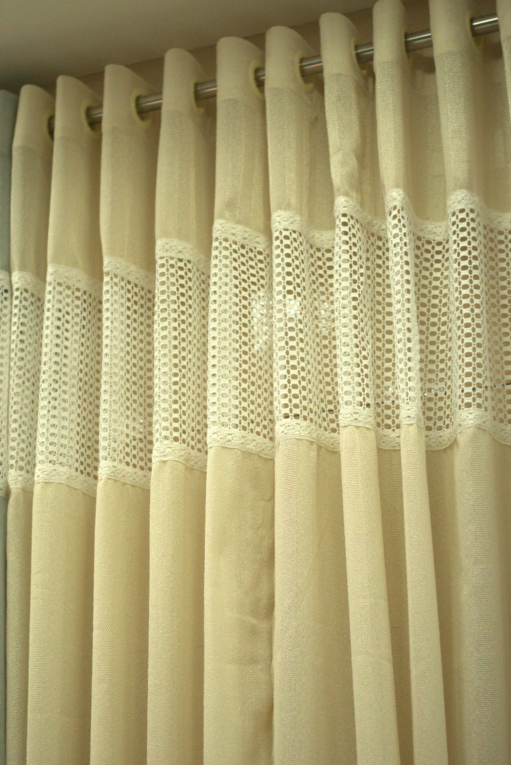 Elegant Beige Semi Linen Door Curtain with Decorative Lace Panel | 4 x 7 Feet