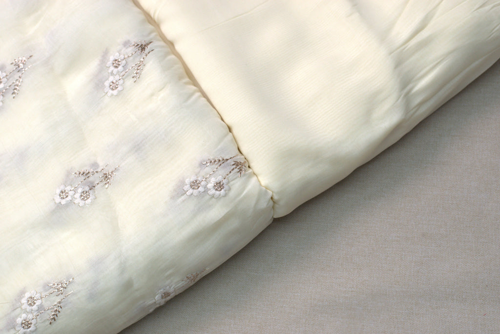 Ivory Floral Embroidered Mull Chanderi Dress Material – 2.5 Meter Top Fabric | 44 Inch Width