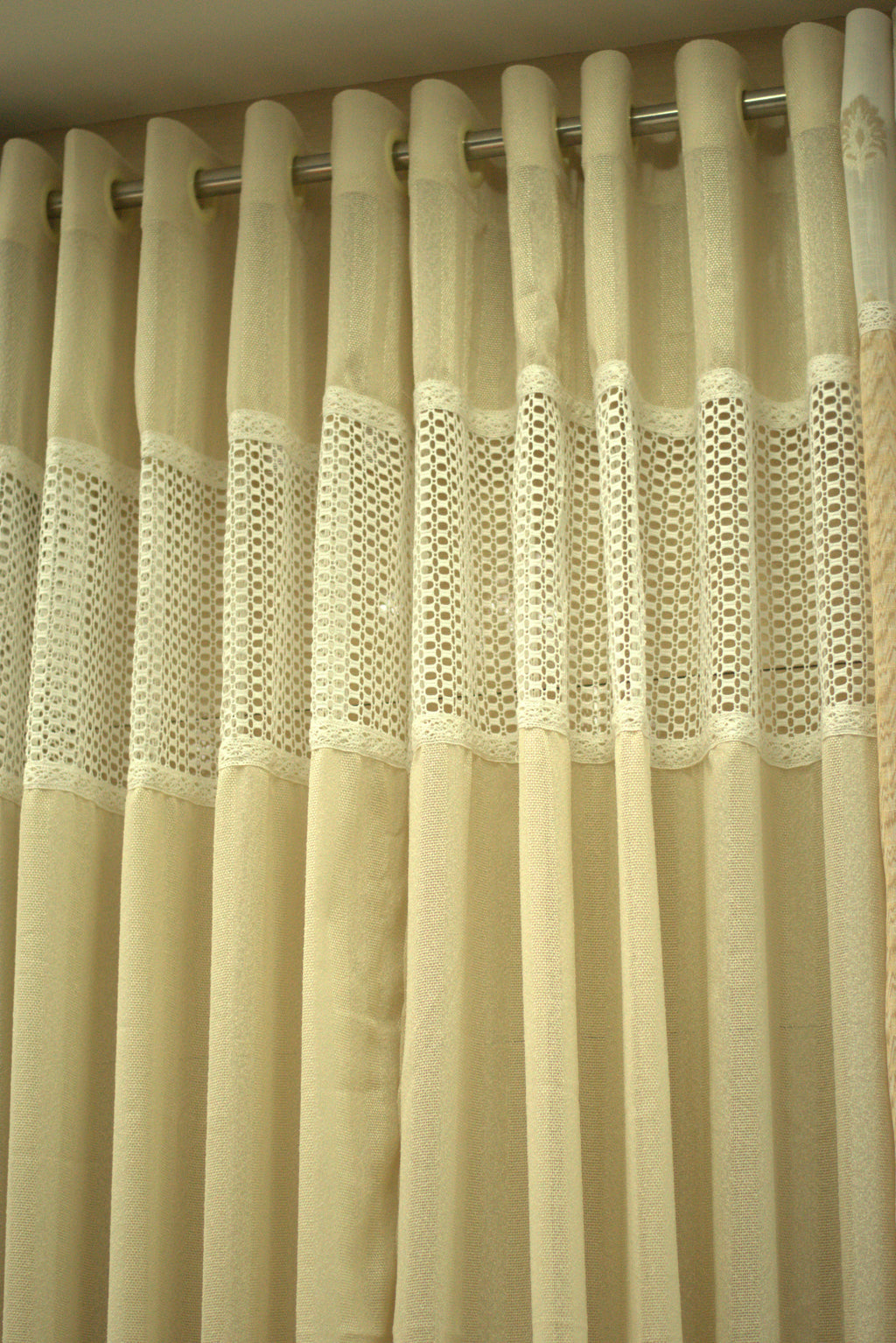 Elegant Beige Semi Linen Door Curtain with Decorative Lace Panel | 4 x 7 Feet