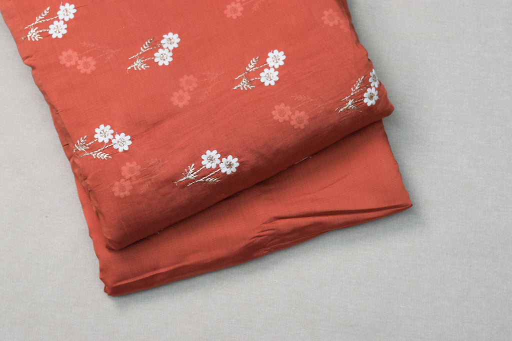 Coral Floral Embroidered Mull Chanderi Dress Material – 44 Inch Width | 2.5 Meter Top Fabric