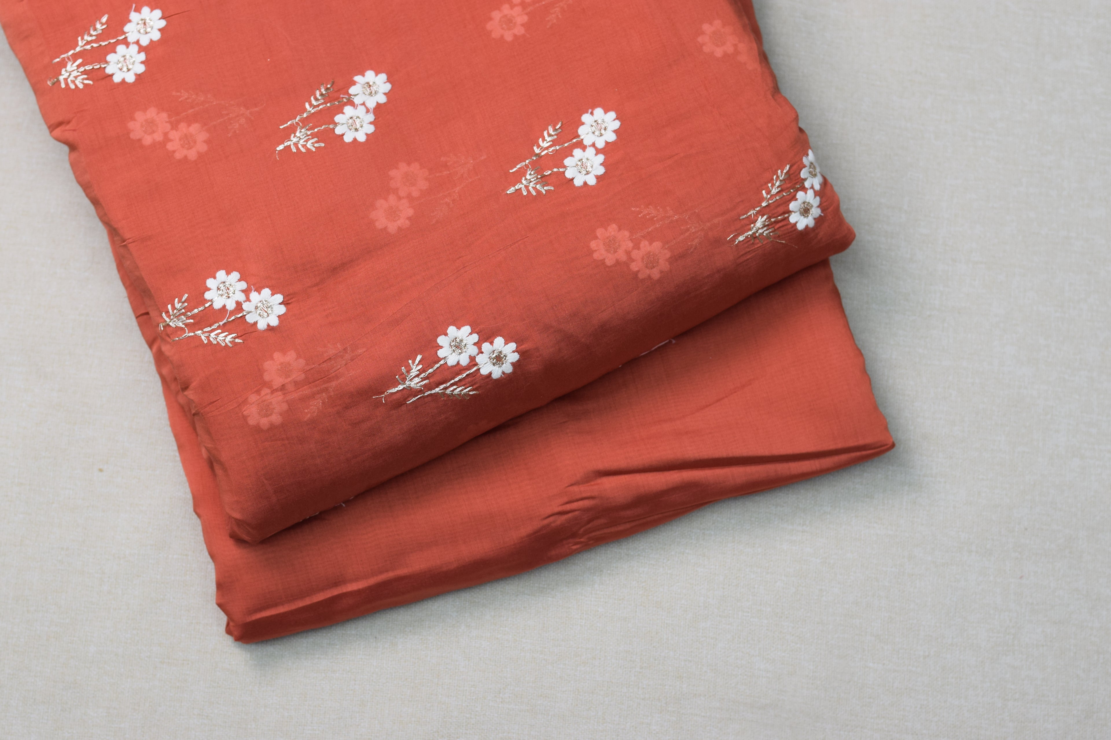 Coral Floral Embroidered Mull Chanderi Dress Material – 44 Inch Width | 2.5 Meter Top Fabric