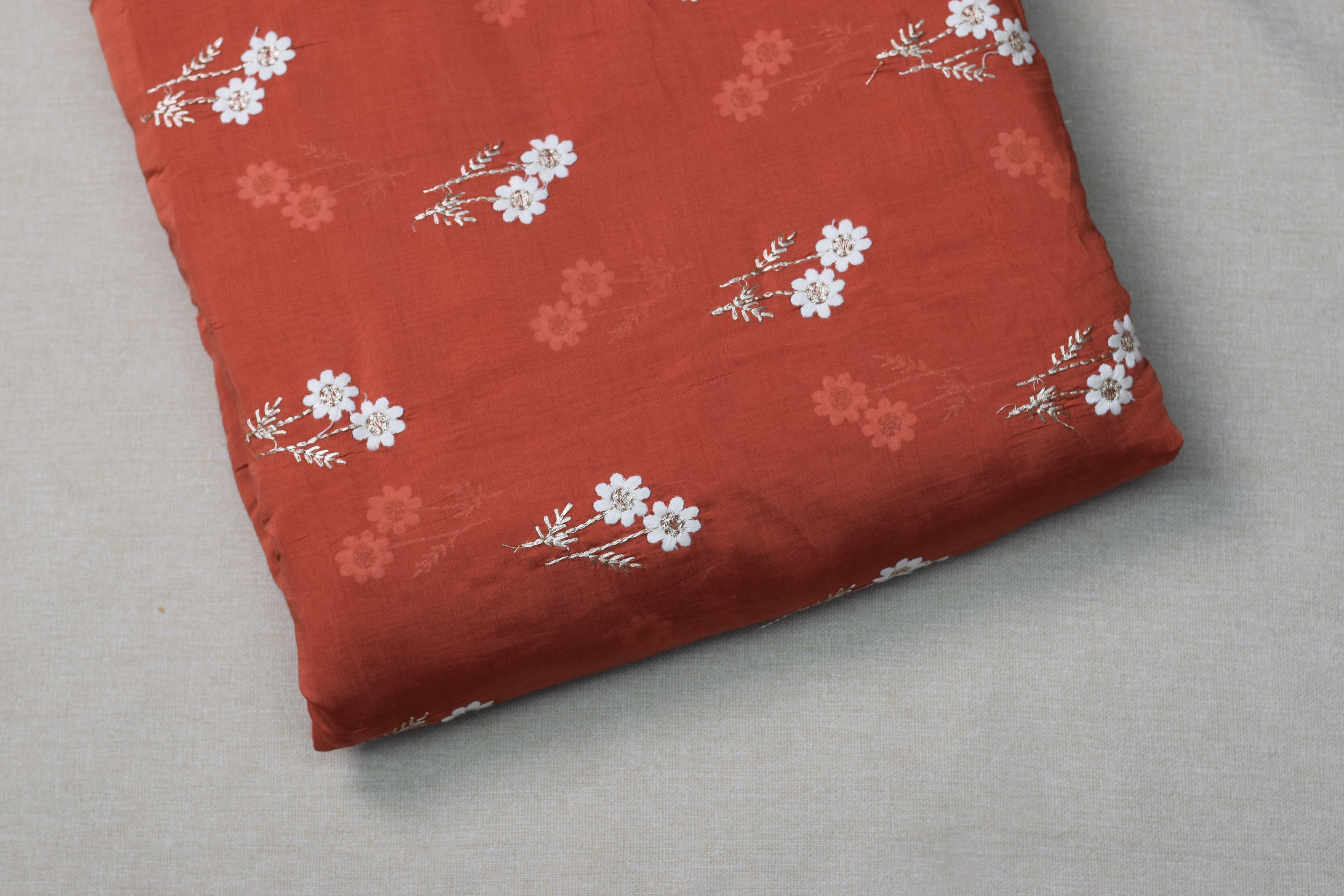 Coral Floral Embroidered Mull Chanderi Dress Material – 44 Inch Width | 2.5 Meter Top Fabric