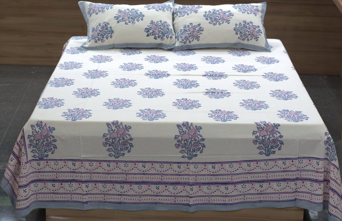 Queen Size Cotton Bedspread | Floral Printed Bed Cover with Border Design