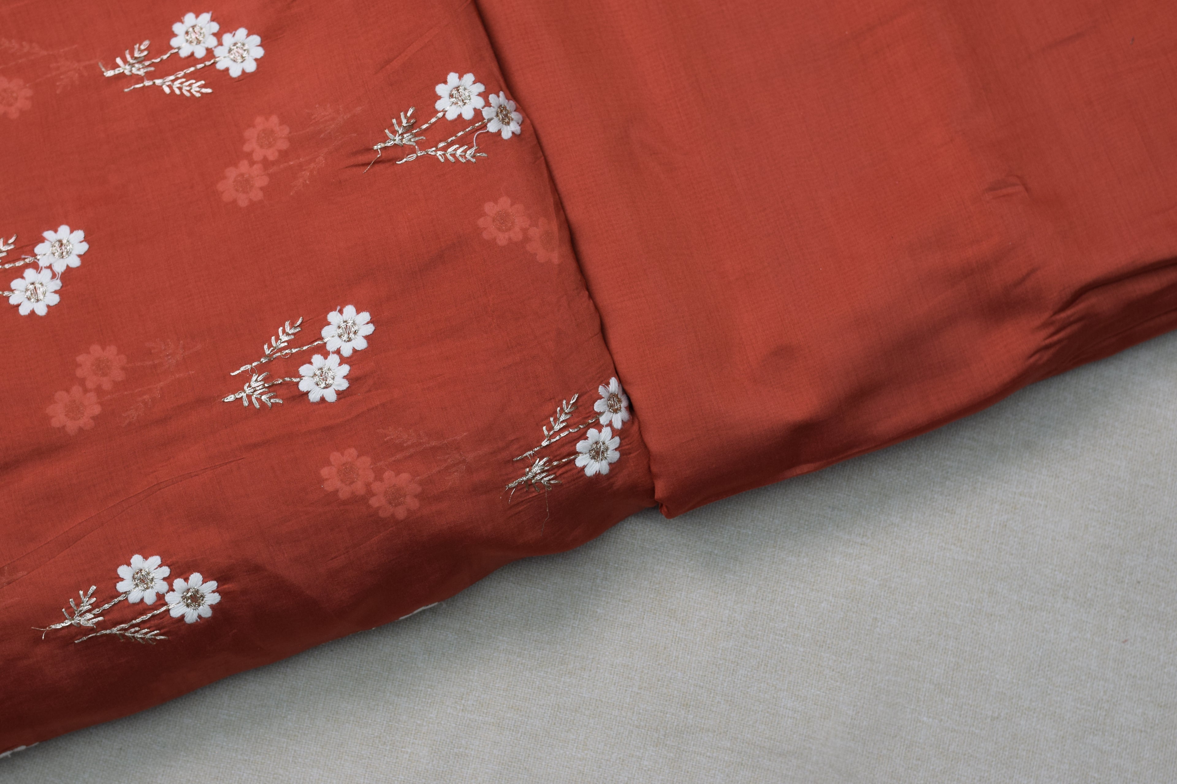 Coral Floral Embroidered Mull Chanderi Dress Material – 44 Inch Width | 2.5 Meter Top Fabric