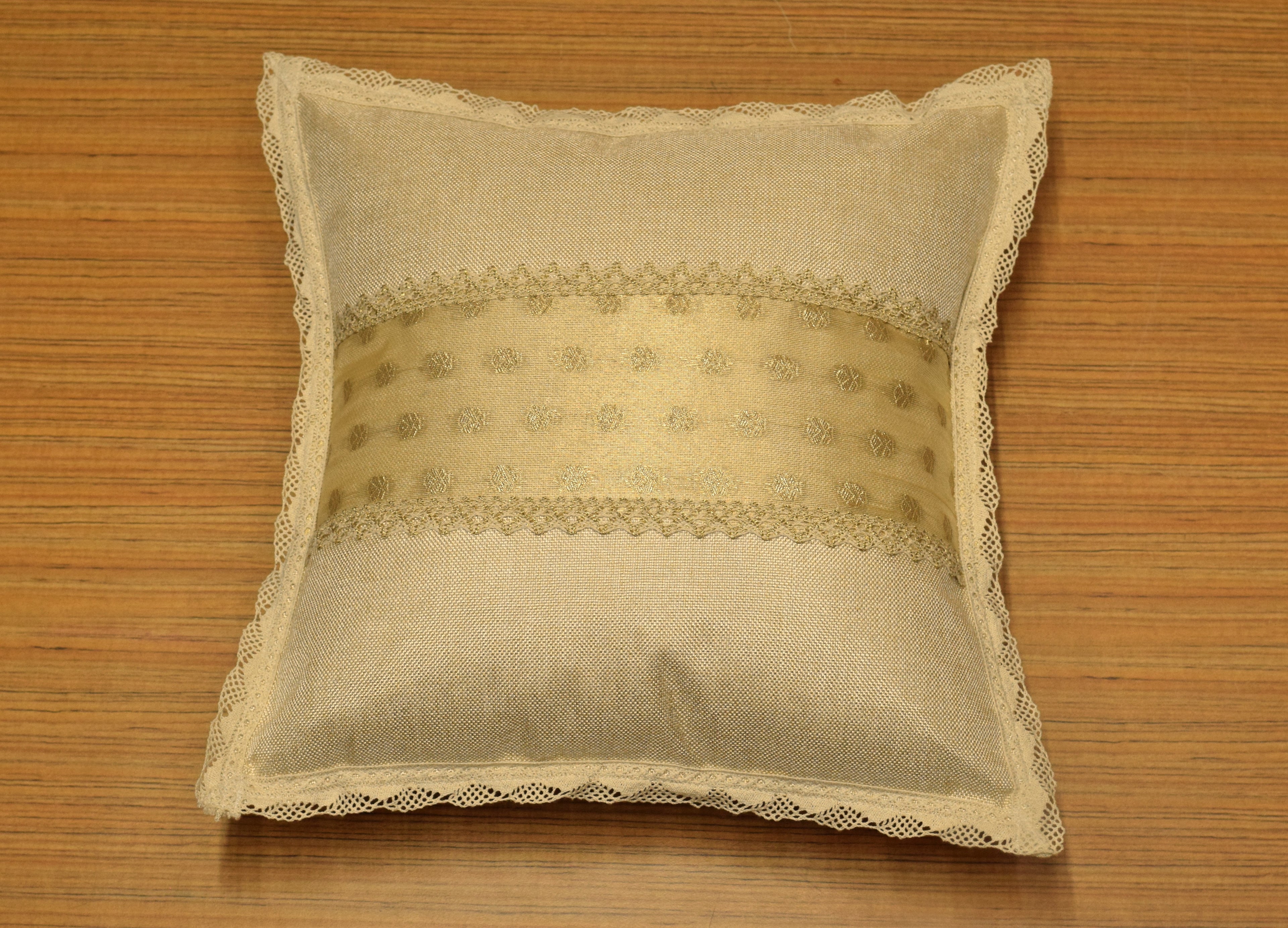 Premium Semi Jute Cushion Cover with Lace Border & Gold Woven Panel