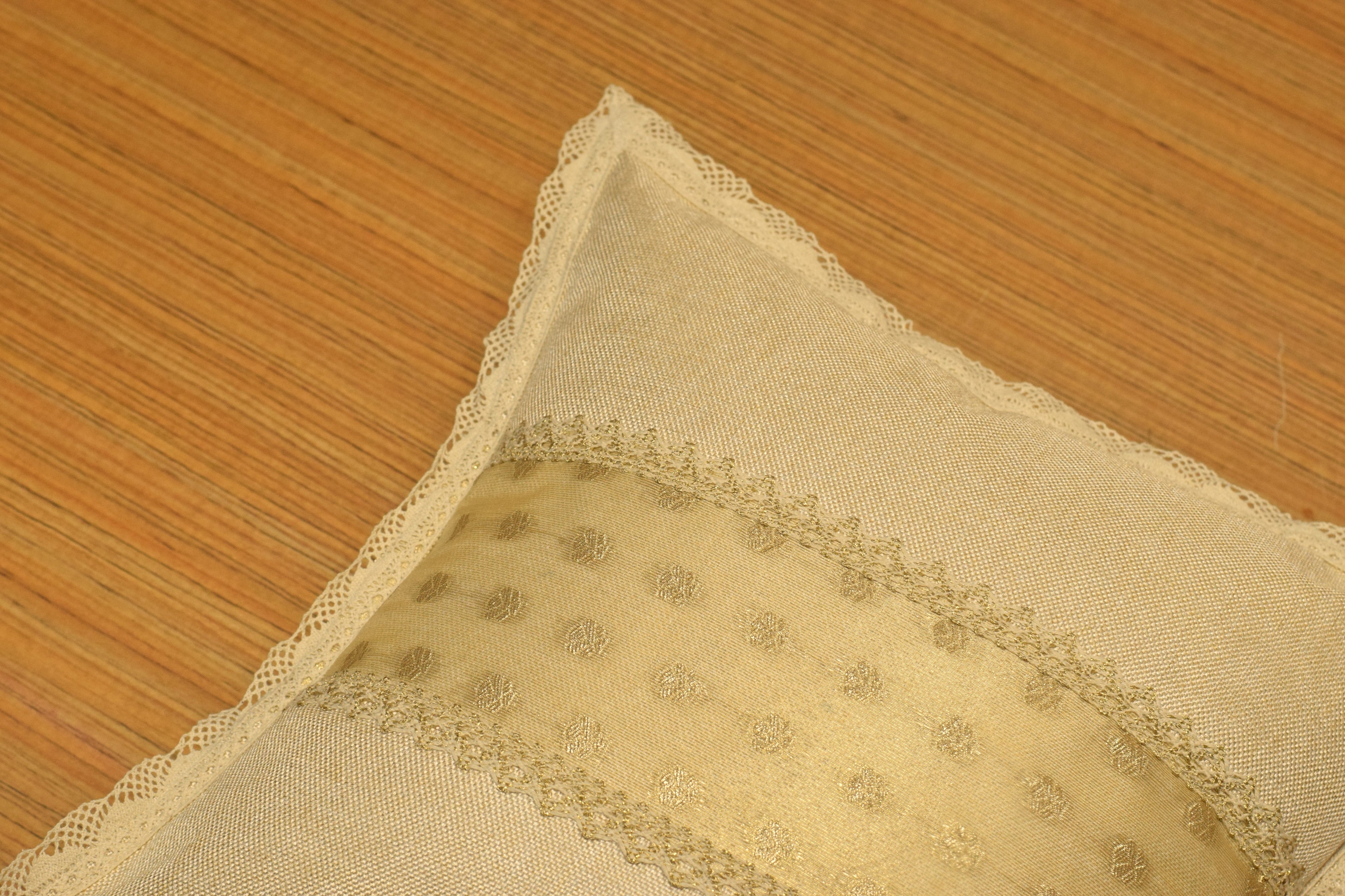 Premium Semi Jute Cushion Cover with Lace Border & Gold Woven Panel