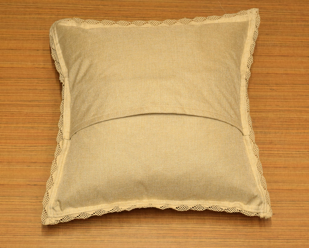 Premium Semi Jute Cushion Cover with Lace Border & Gold Woven Panel