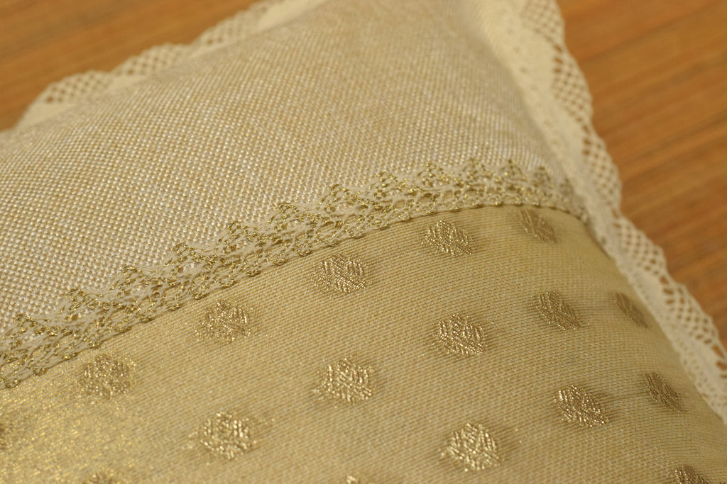 Premium Semi Jute Cushion Cover with Lace Border & Gold Woven Panel