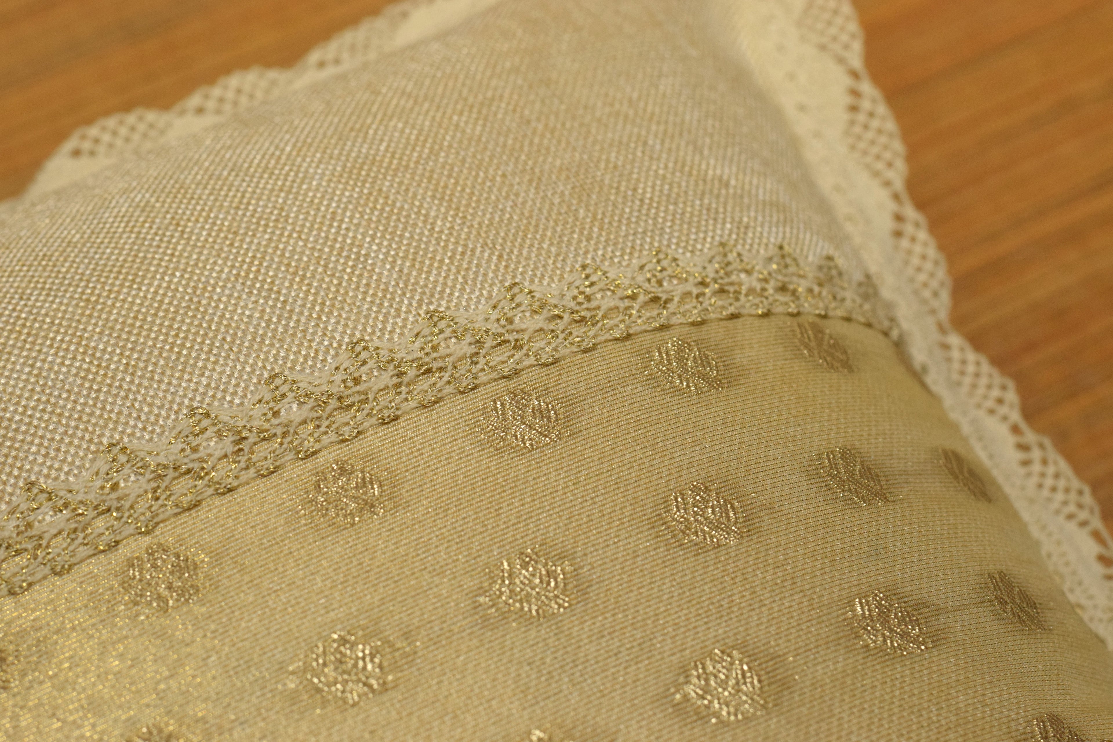 Premium Semi Jute Cushion Cover with Lace Border & Gold Woven Panel