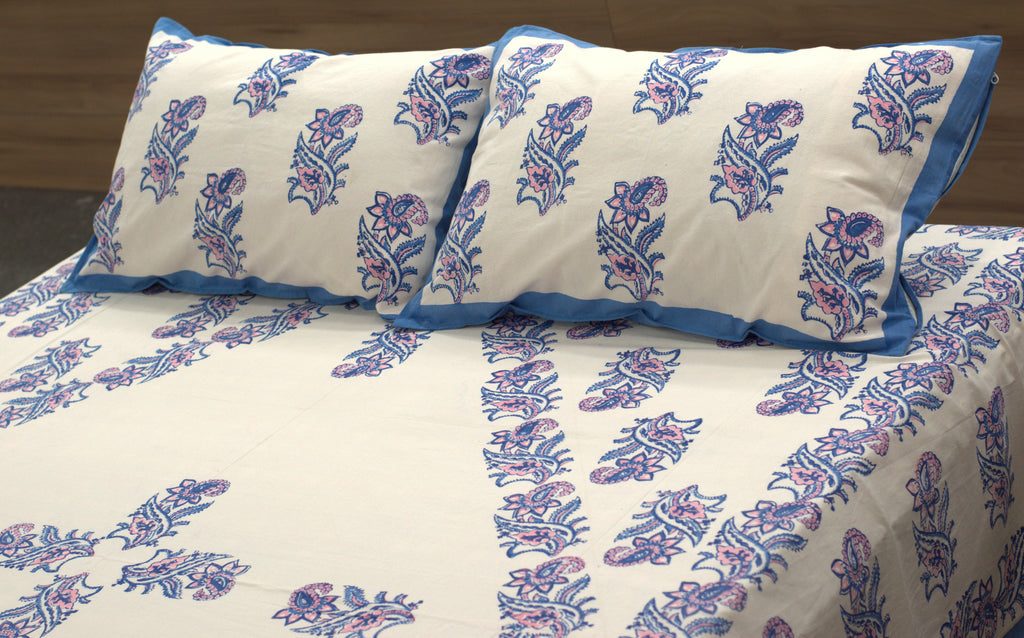 Queen Size Cotton Bedspread – Blue Floral Printed Design