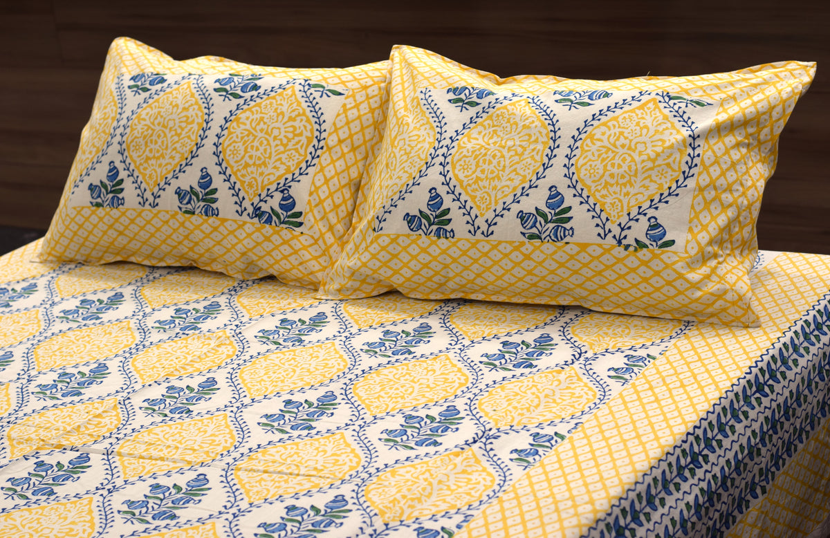 Queen Size Cotton Bedspread – Yellow & Blue Floral Printed Design (90*100)