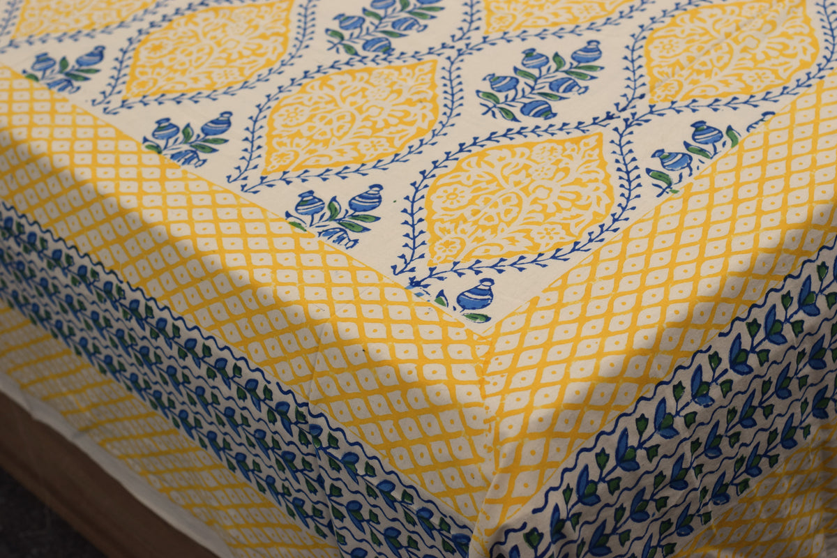 Queen Size Cotton Bedspread – Yellow & Blue Floral Printed Design (90*100)