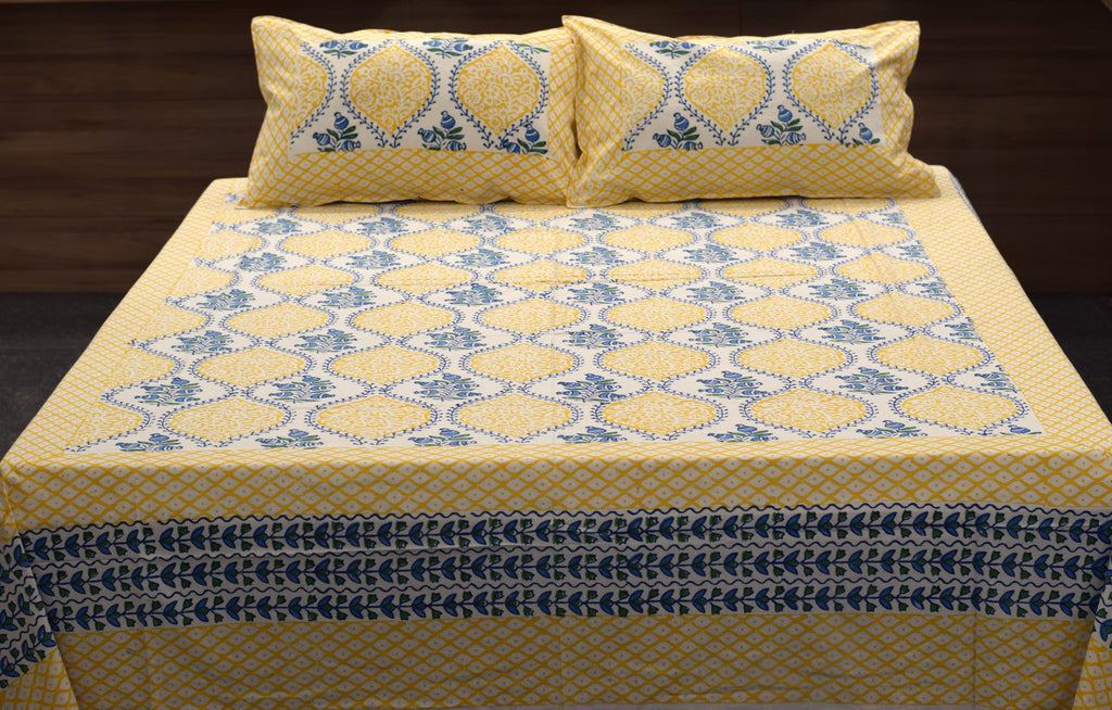 Queen Size Cotton Bedspread – Yellow & Blue Floral Printed Design (90*100)