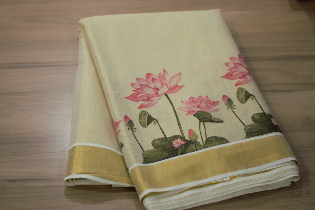 Elegant Lotus Print Tissue Dress Material Set with Saree, Top & Skirt Fabric – Cream & Gold